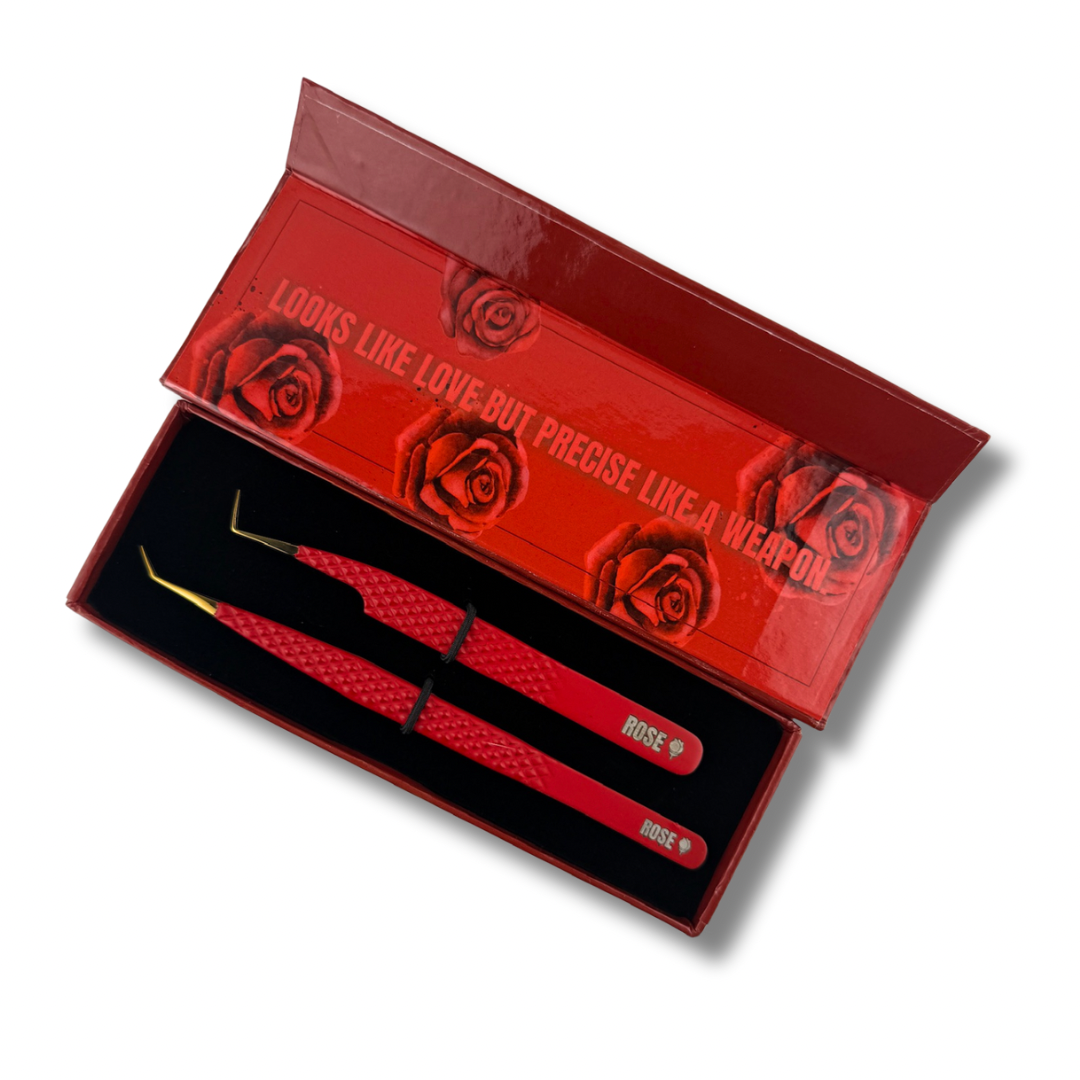 LaLa and Co Rose Collection fiber tip lash tweezer duo for volume and isolation