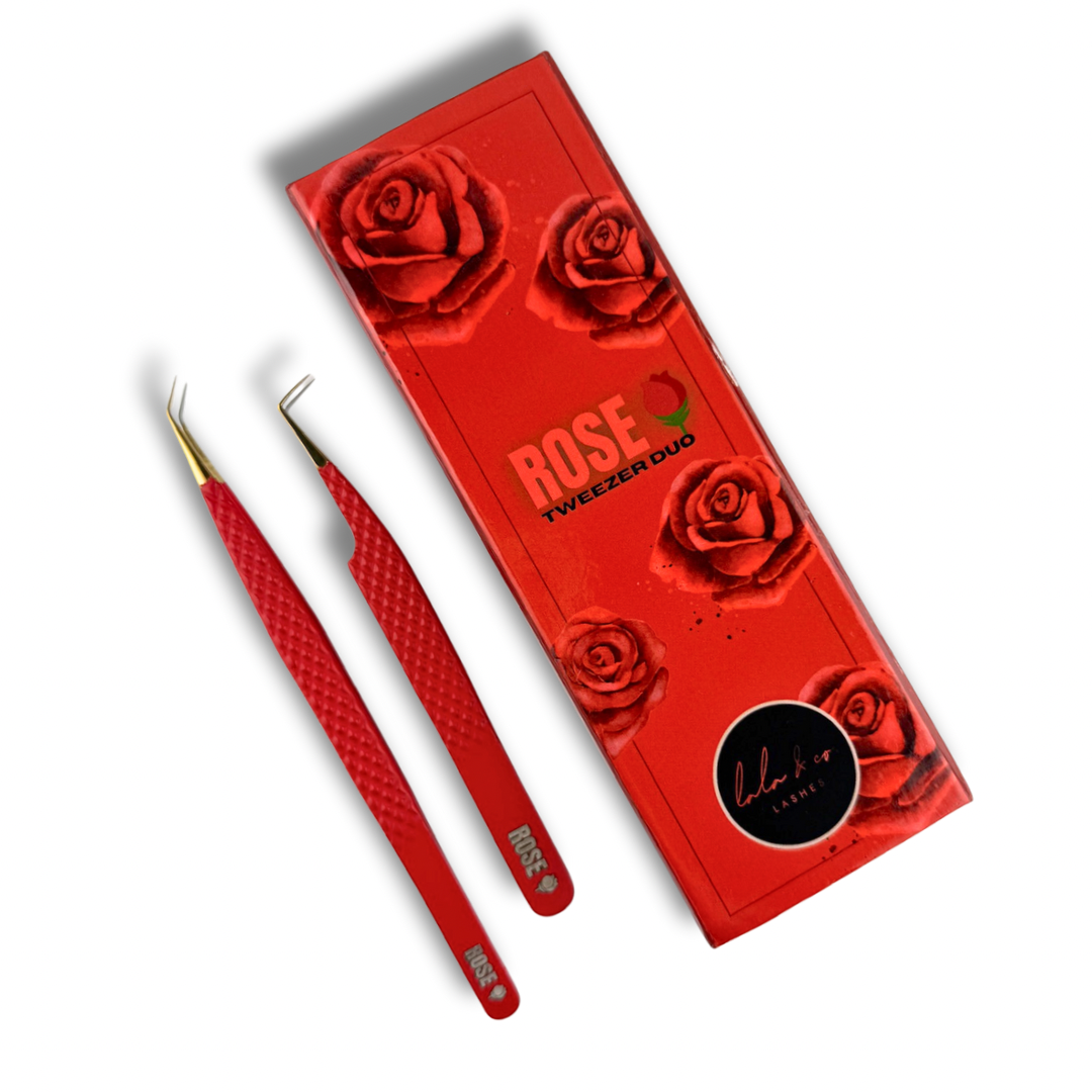 LaLa and Co Rose Collection fiber tip lash tweezer duo for volume and isolation