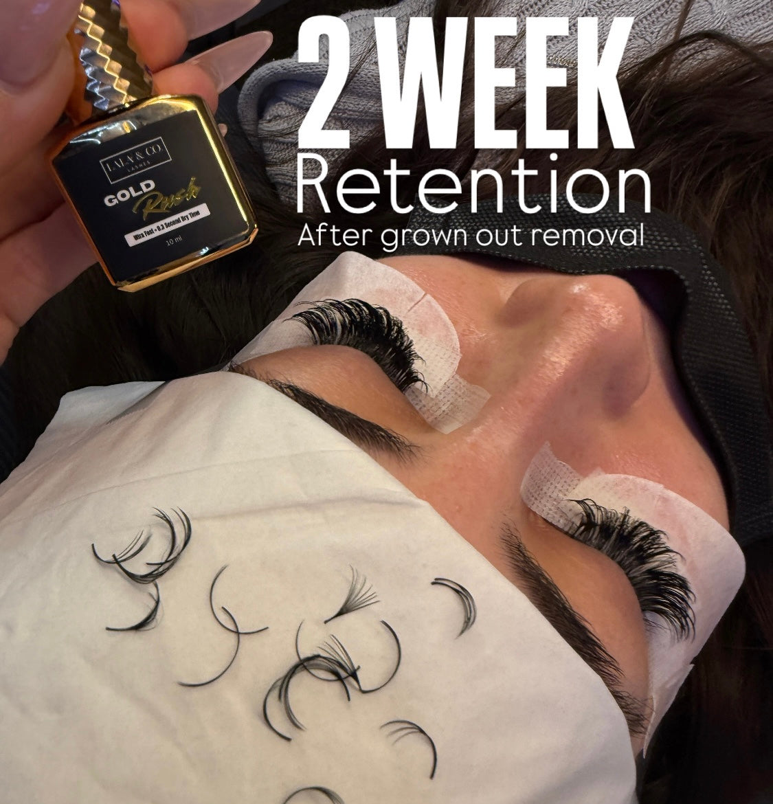 LaLa and Co Gold Rush fast-drying .3 second dry time lash extension wide humidity range adhesive for advanced lash artists