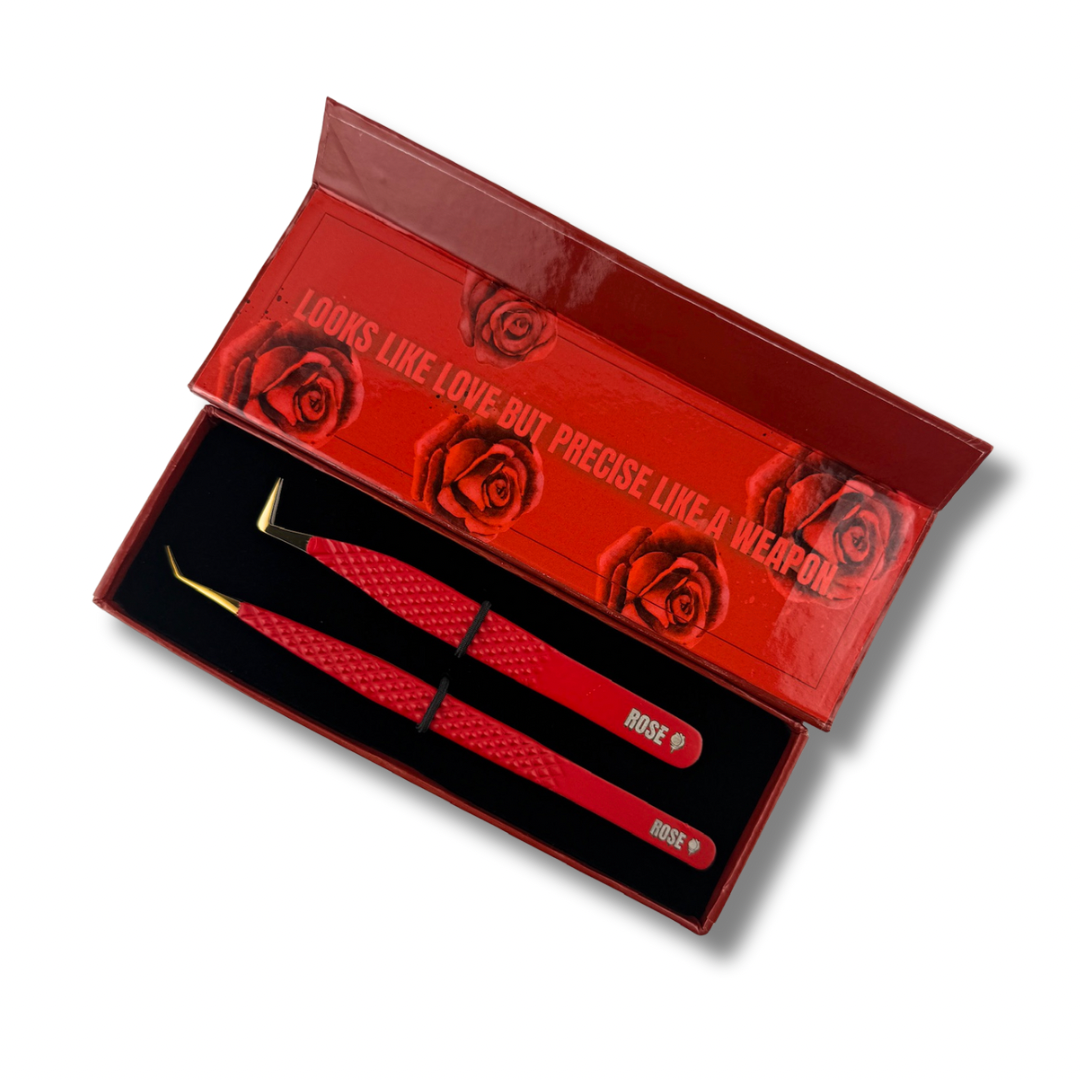 LaLa and Co Rose Collection fiber tip lash tweezer duo for volume and isolation