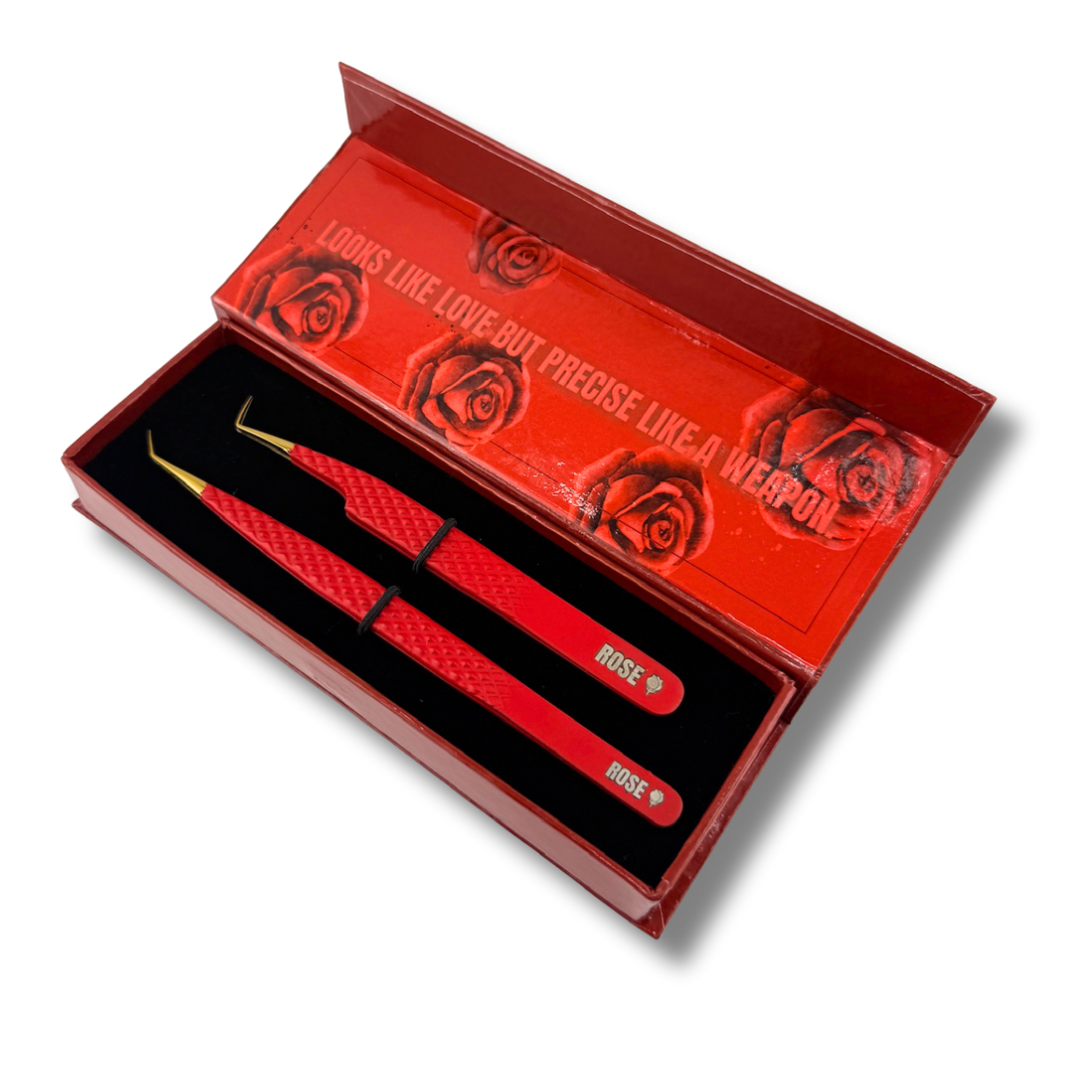 LaLa and Co Rose Collection fiber tip lash tweezer duo for volume and isolation