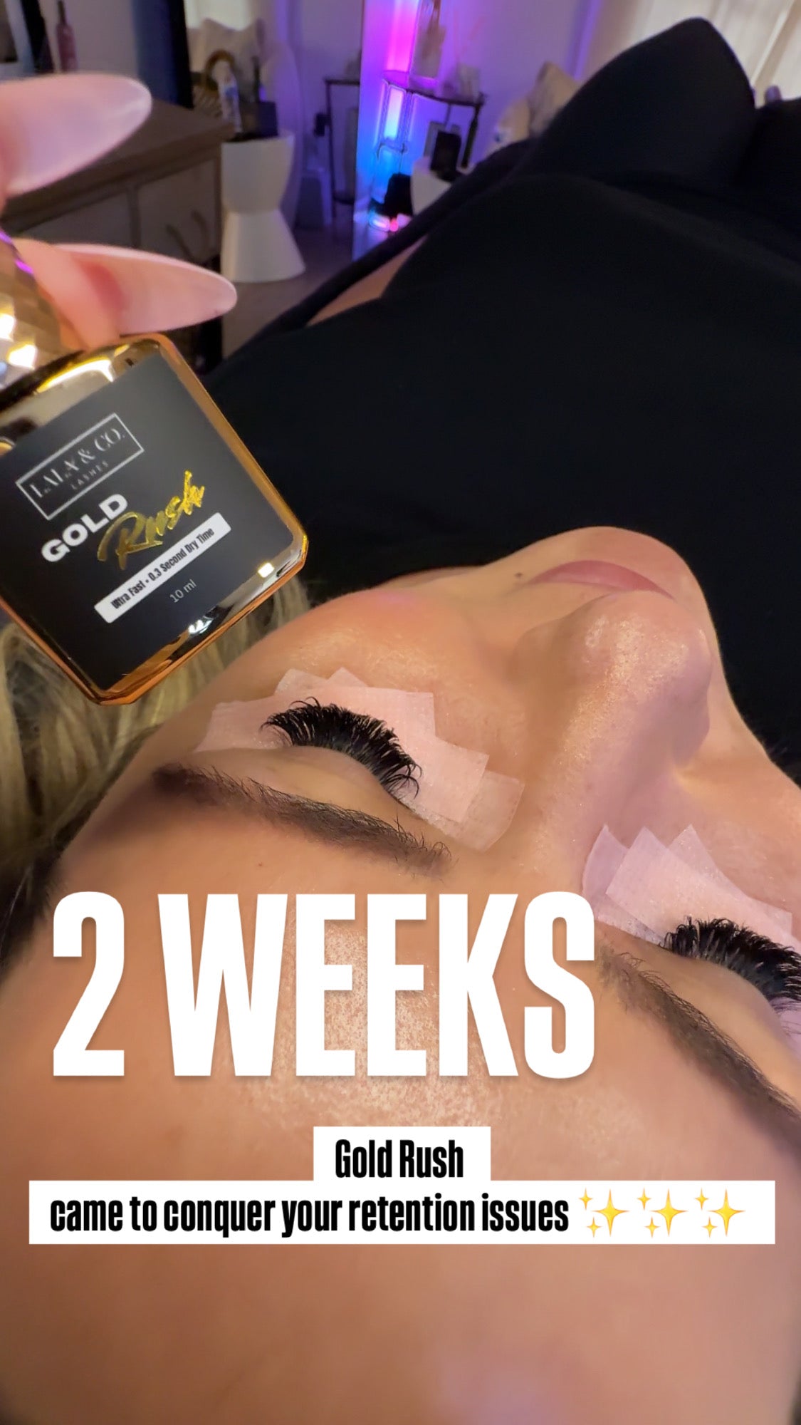 LaLa and Co Gold Rush fast-drying .3 second dry time lash extension wide humidity range adhesive for advanced lash artists
